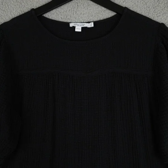 Chicos Dress Womens 2 US 12 Black Gauze Tiered Midi Puff Sleeve Casual Coastal - Picture 8 of 10